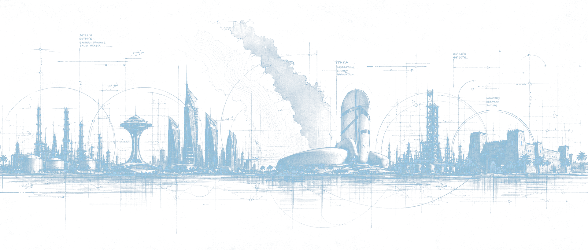 Line drawing of the Eastern Province skyline: refinery towers, the Khobar water tower, Ithra, and Qasr Ibrahim